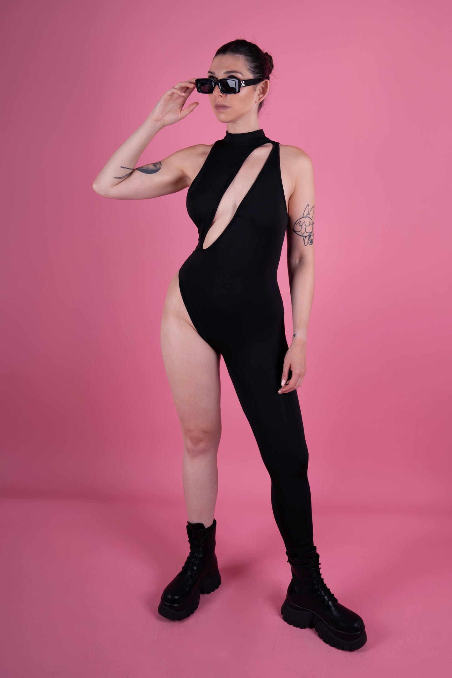 Black one leg overall, sexy front cutout, stretchy turtleneck cat suit