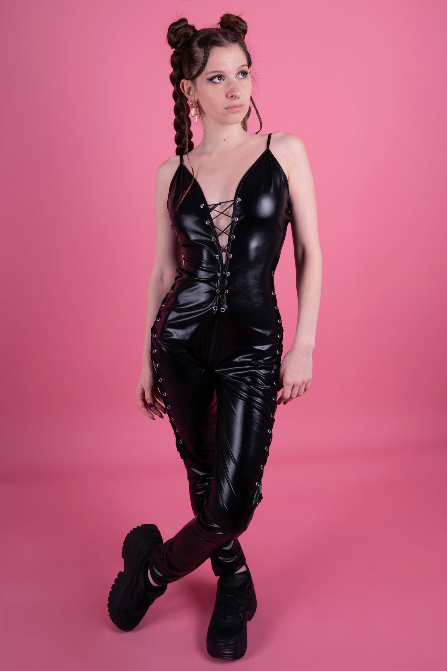 Sext lace up catsuit, latex look, black faux leather