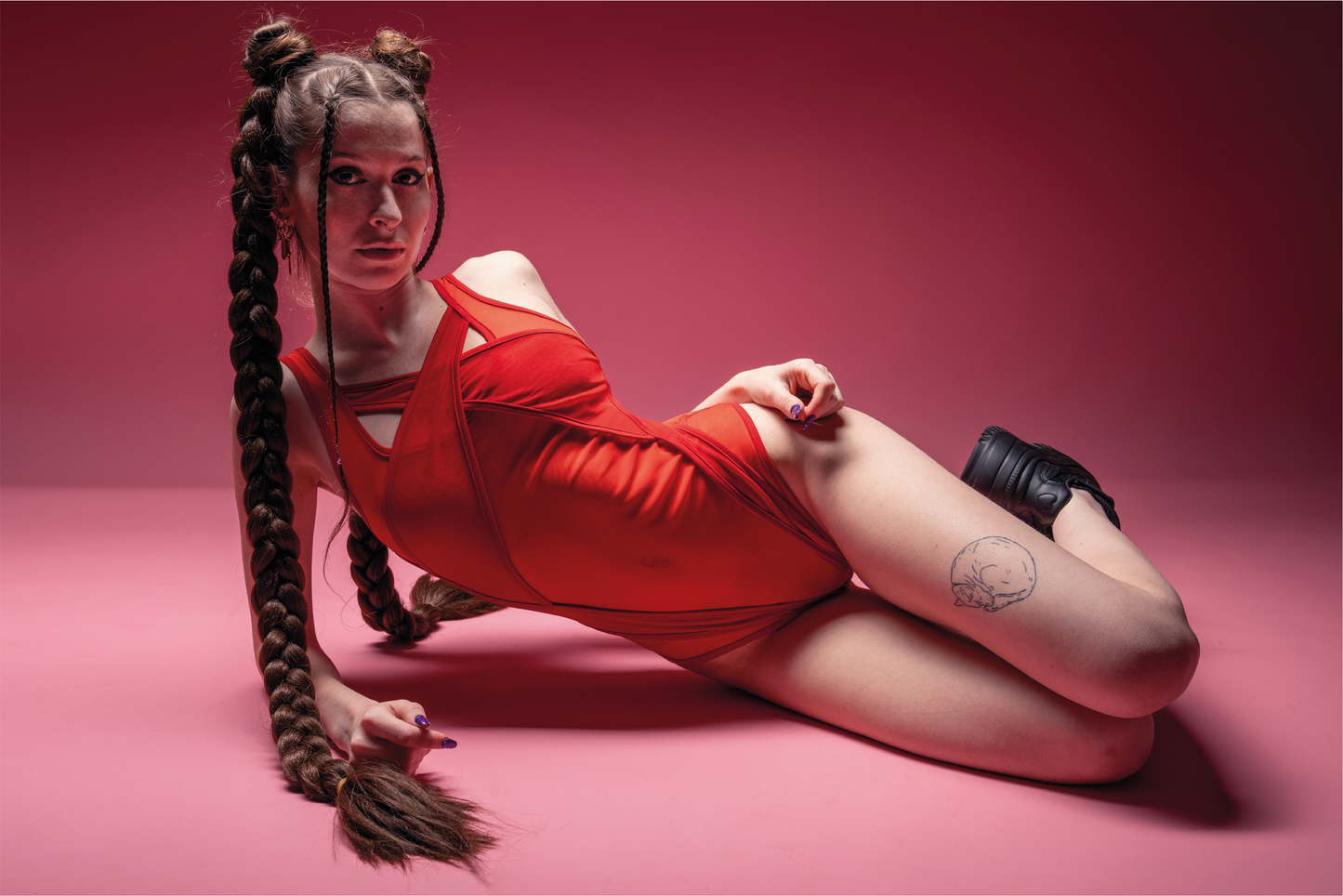 Geometric red color block bodysuit, transparent sheer mesh bodysuit, club look, high crotch, open front