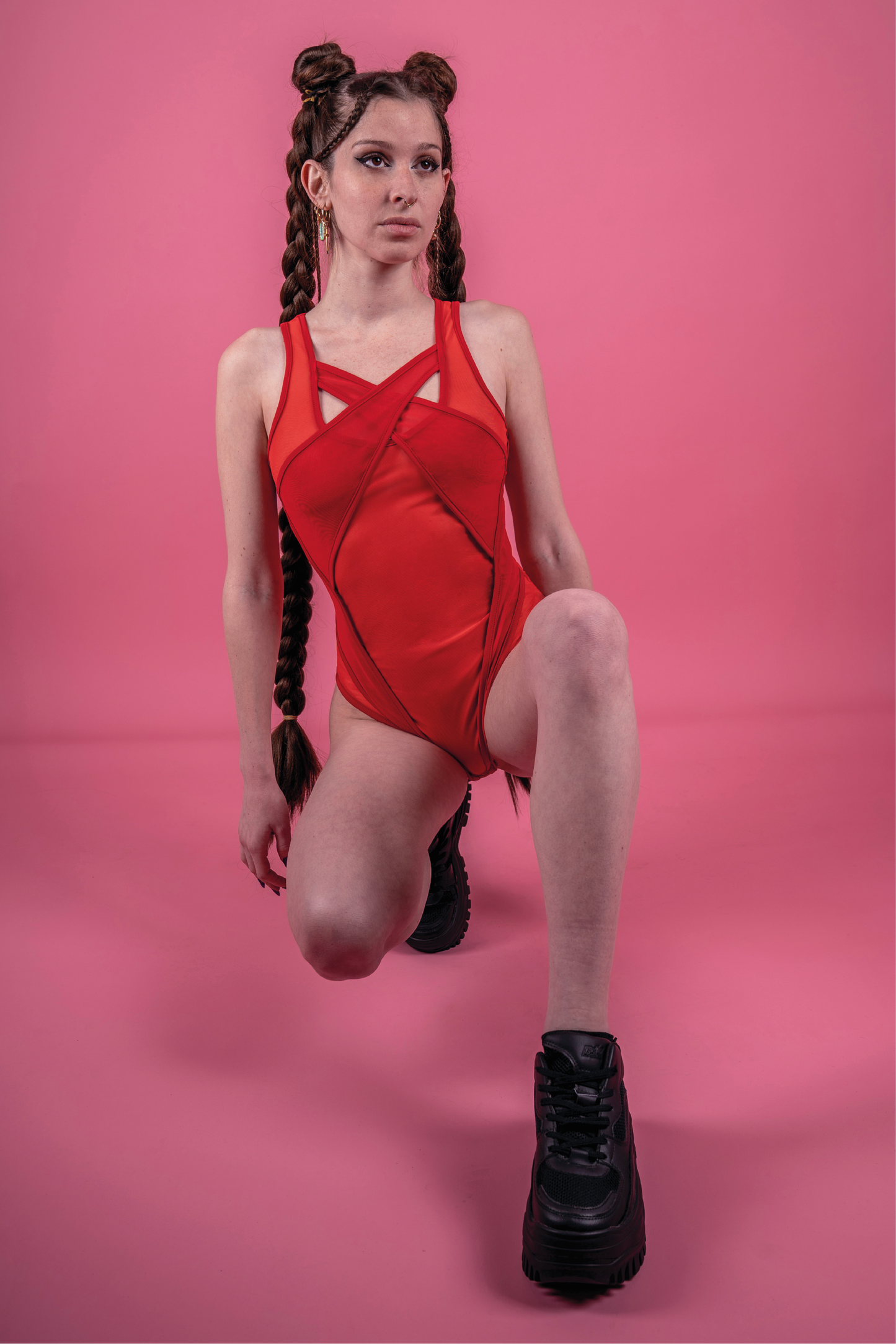 Geometric red color block bodysuit, transparent sheer mesh bodysuit, club look, high crotch, open front, harness set