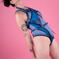 Geometric blue color block bodysuit, transparent sheer mesh bodysuit, club look, high crotch, open front 