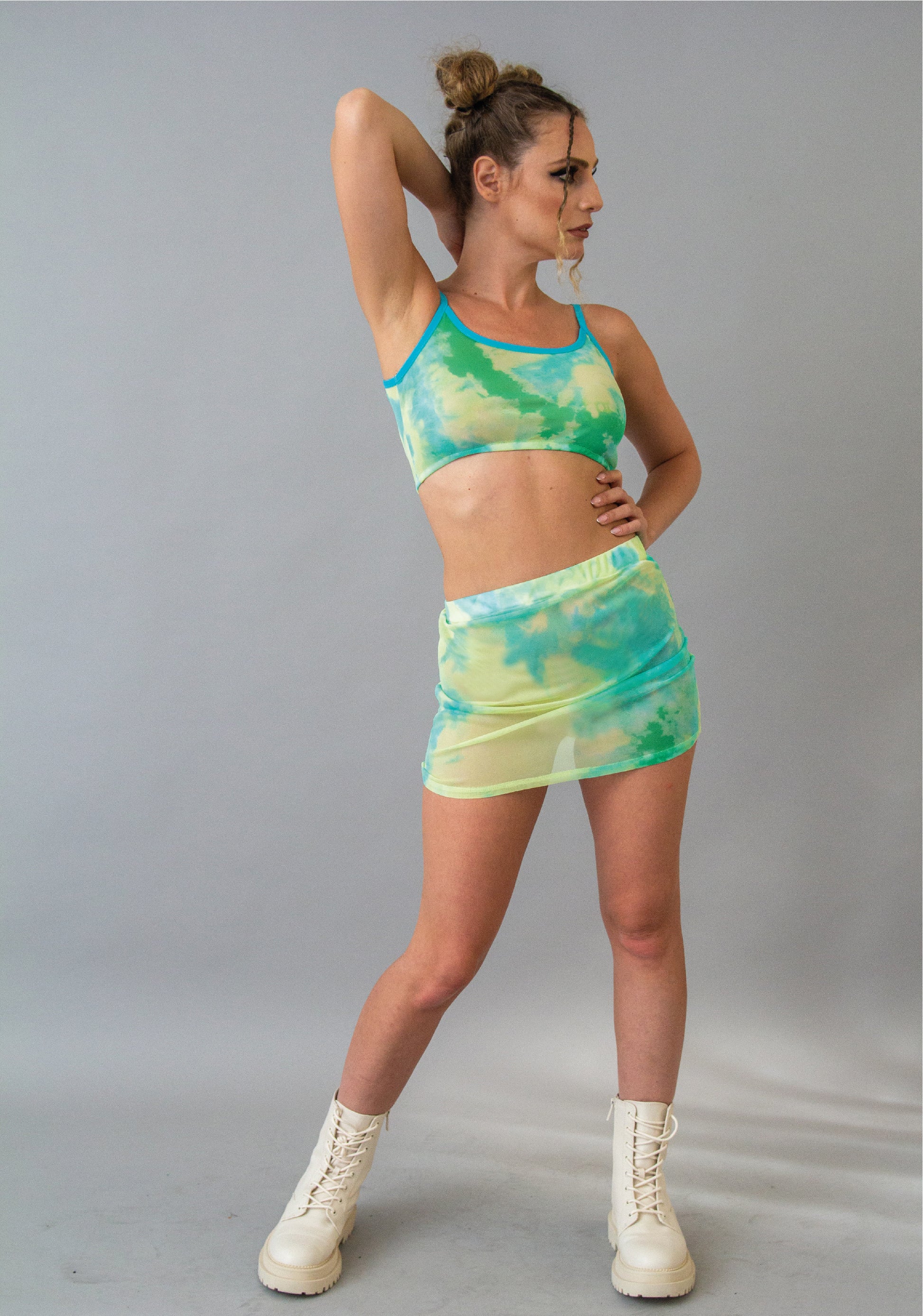 Green tie dye mesh skirt rave set